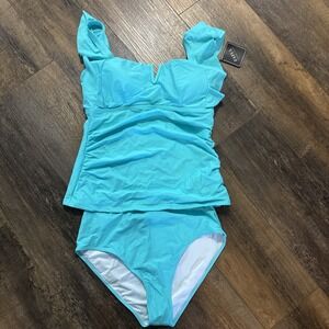 NWT  ZAFUL Swimsuit 2 Piece Tankini Aqua Blue High Waist  Ruffles Medium